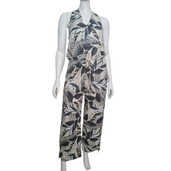 La Blanca Moment Of Zen Jumpsuit L White Gray Foliage Sleeveless Cover Up NEW - Picture 4 of 9
